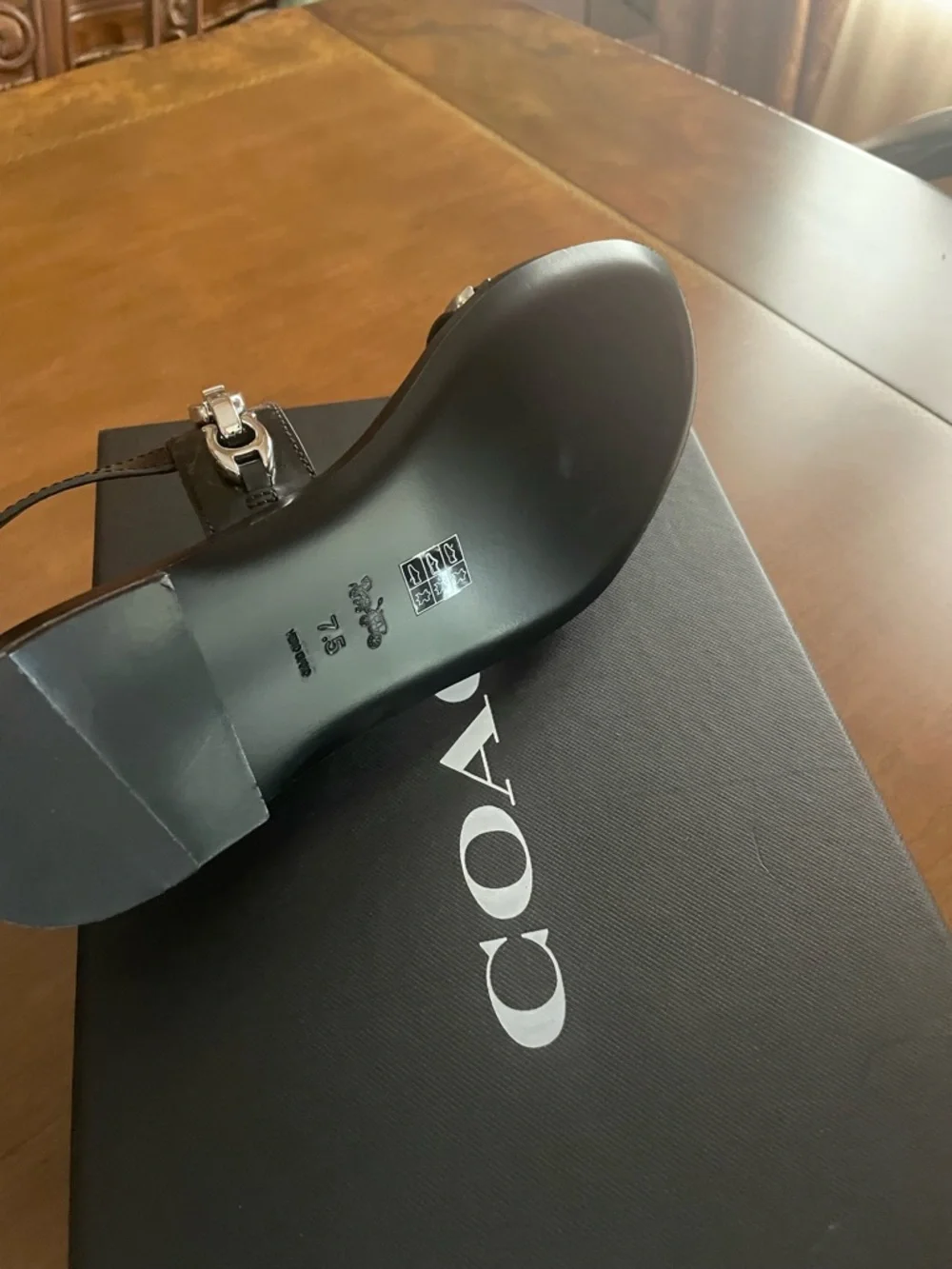 Coach Black Leather Sandal with Silver Chain Detail - Picture 7 of 10